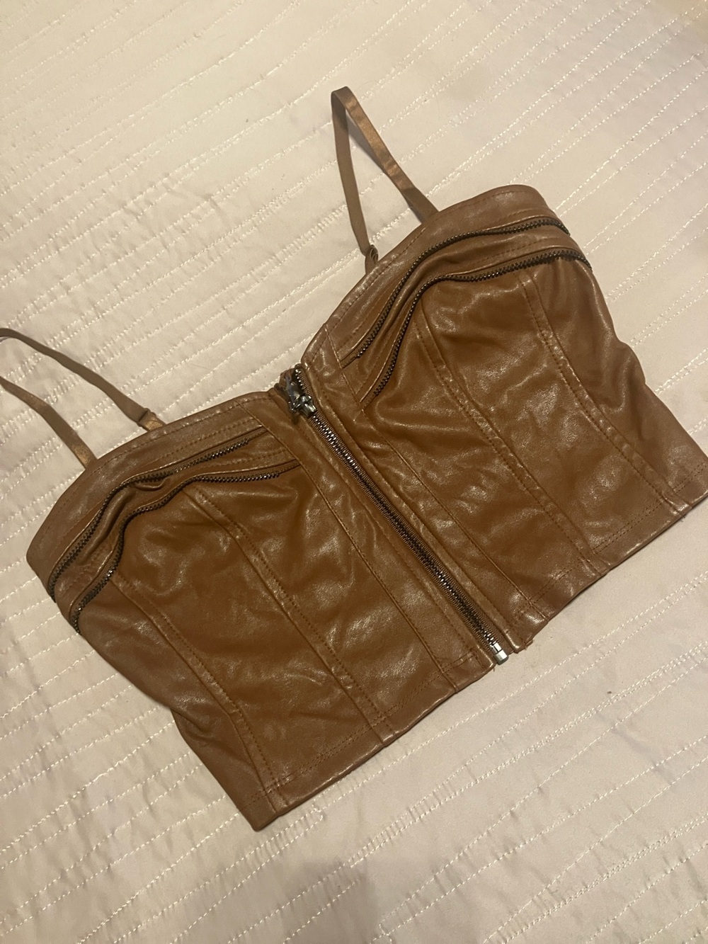 NEW Haute Monde Brown Faux Leather Zip-Front Bustier Crop Top